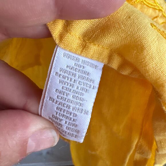 Charter Club Linen Embroidered Blouse Yellow Peasant Shirred 3/4 Sleeve Sz 12 - Picture 3 of 4